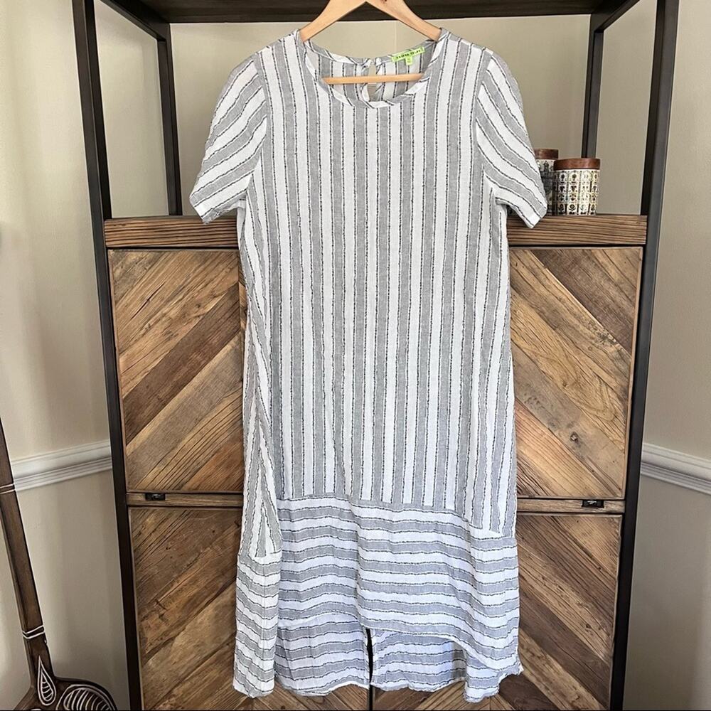 Trisha Tyler Sz M Lagenlook Gray White Striped Cotton Midi Dress